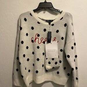 Adrienne Vittadini Cream Cheers Holiday Sweater with Black Polka Dots and Socks